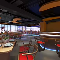 Modern Restaurant Interior Design With Tables Chairs Bar Counter Lighting And Large Windows