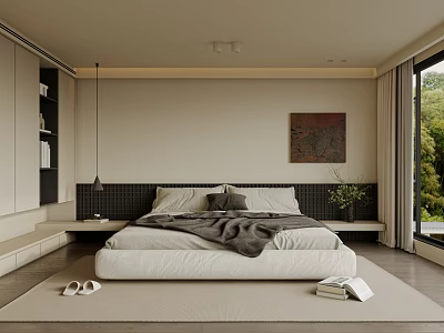 Modern Bedroom Interior With Minimalist Bed Decorative Painting And Large Window 3d model