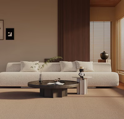 Beige Three-Seater Sofa In Modern Living Room With Coffee Table Window Blinds And Plant 3d model
