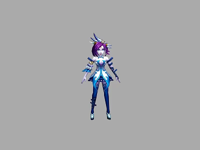 Game Fantasy Character with Purple Hair Feathered Headpiece and Blue White Combat Outfit 3d model