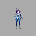 Game Fantasy Character with Purple Hair Feathered Headpiece and Blue White Combat Outfit