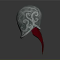 Detailed Silver Decorative Helmet Featuring Ornate Patterns And Red Ribbon