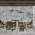 Modern Industrial Restaurant Interior With Wooden Ceiling Hanging Lamps Dining Table Chairs And Rug