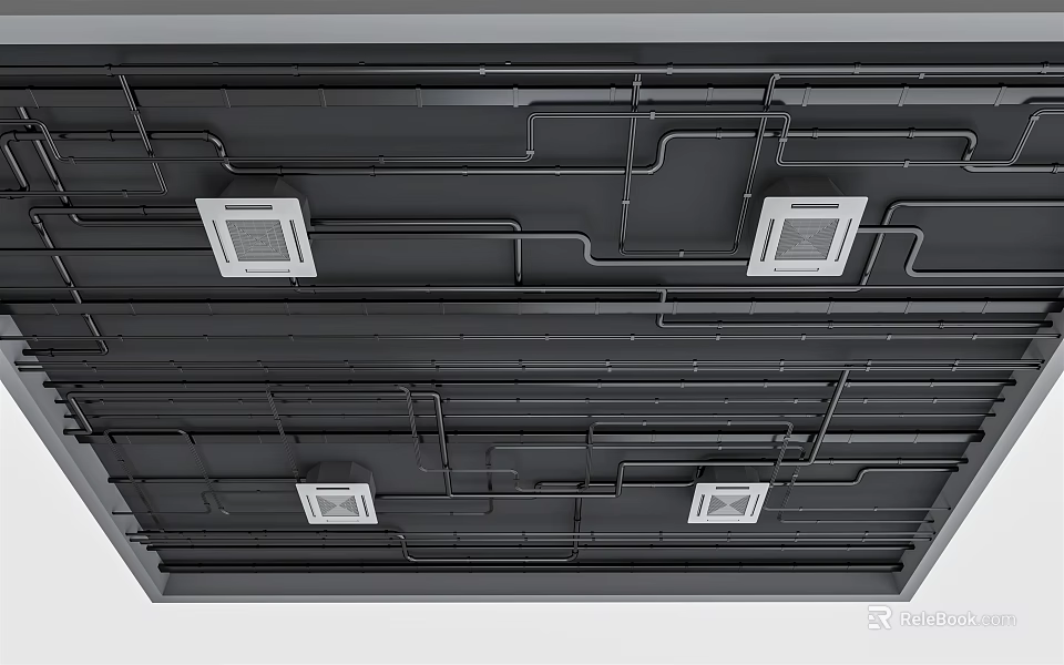 Industrial Ceiling Structure With Exposed Black Pipes And White Vent Grilles 3d model 