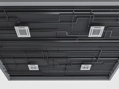 Industrial Ceiling Structure With Exposed Black Pipes And White Vent Grilles 3d model
