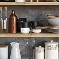 Stylish Kitchen Utensils Bowls Plates Storage Jars and Metal Canisters on Wooden Shelves