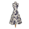 Beige Sleeveless Dress With Dark Floral Patterns And Fitted Waist Flared Skirt On Mannequin