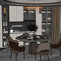 Modern Open Plan Restaurant Interior With Round Dining Table Chandelier And Wine Storage Cabinets 3d model