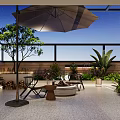 Outdoor Terrace Garden With Fire Pit Chairs Umbrella And Lush Plants At Night