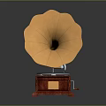 Classic Vintage Gramophone With Golden Horn Wooden Base Vinyl Record And Tonearm