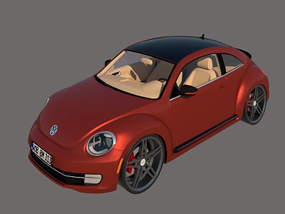 Red Volkswagen Beetle Car With Black Roof And Beige Interior Alloy Wheels 3d model