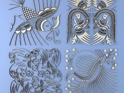 Intricate Carved Patterns With Artistic Bird And Flower Motifs For Decorative Design 3d model