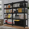 Industrial Metal Storage Shelf Organized Pantry With Food Supplies Beverages And Storage Bins
