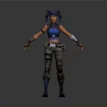 Woman With Pigtail Hairstyle Blue Sleeveless Crop Top Cargo Pants Fingerless Gloves And Combat Boots