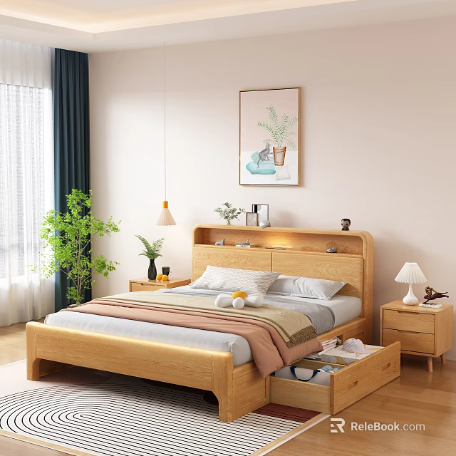 Wooden Double Bed In Modern Bedroom With Storage Headboard Nightstand Lamp Plant And Wall Art 3d model 