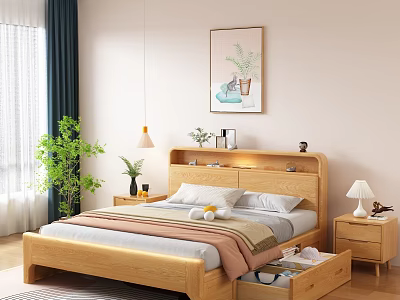 Wooden Double Bed In Modern Bedroom With Storage Headboard Nightstand Lamp Plant And Wall Art 3d model
