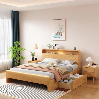 Wooden Double Bed In Modern Bedroom With Storage Headboard Nightstand Lamp Plant And Wall Art 3d model
