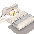 Comfortable Double Bed with Curved Headboard Sunflower Plush Teddy Bear and Soft Pillows