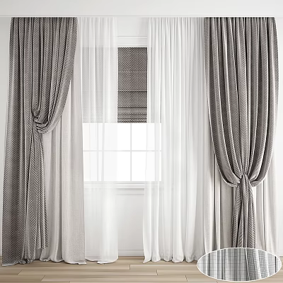 Gray And White Layered Curtains With Textured Drapes Sheer Panels Tied For Window Natural Light 3d model