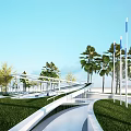 Modern Park Landscape With Curved White Pathway Palm Trees And Green Grass 3d model