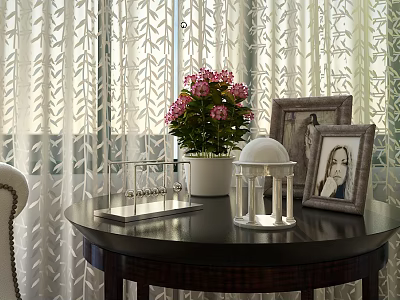 Decorative Photo Frames With Pink Flowers And Glass Lantern On Black Table By White Curtains 3d model