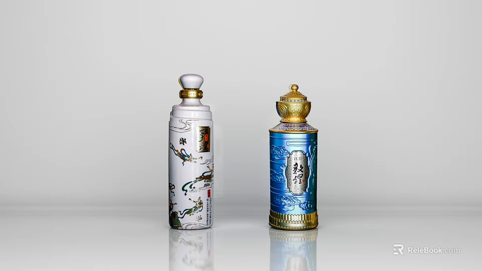 Two White And Blue Patterned Wine Bottles With Golden Lids And Decorative Details 3d model 