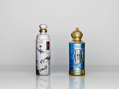Two White And Blue Patterned Wine Bottles With Golden Lids And Decorative Details 3d model