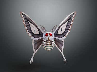 Distinctive Moth With Black White Gray Striped Wings And Red Eyes 3d model