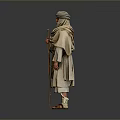 Elderly Man Standing in Traditional Clothing Holding Walking Stick Against Gray Background