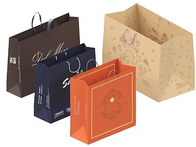 Stylish Shopping Bags In Various Colors With Decorative Patterns And Handles 3d model