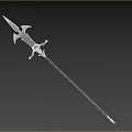 Intricately Designed Long Spear Featuring Metal Blade and Black Shaft with Gold Accents