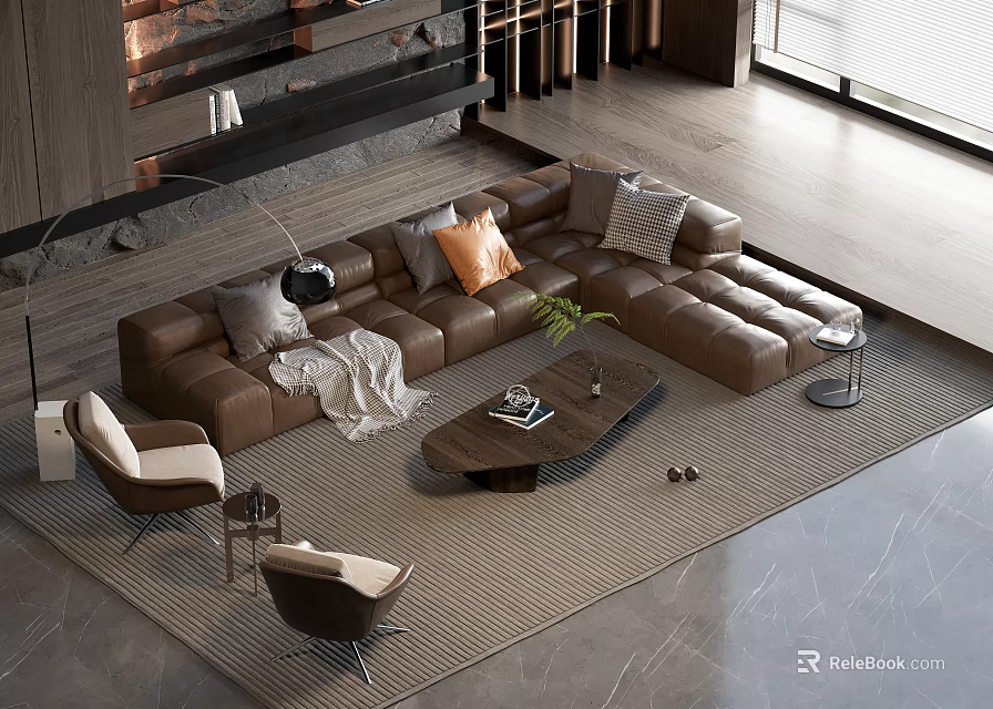 Brown Sectional Sofa in Modern Living Room With Pillows Coffee Table Rug And Accent Chairs 3d model 