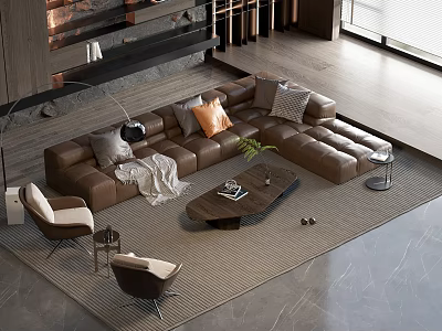Brown Sectional Sofa in Modern Living Room With Pillows Coffee Table Rug And Accent Chairs 3d model
