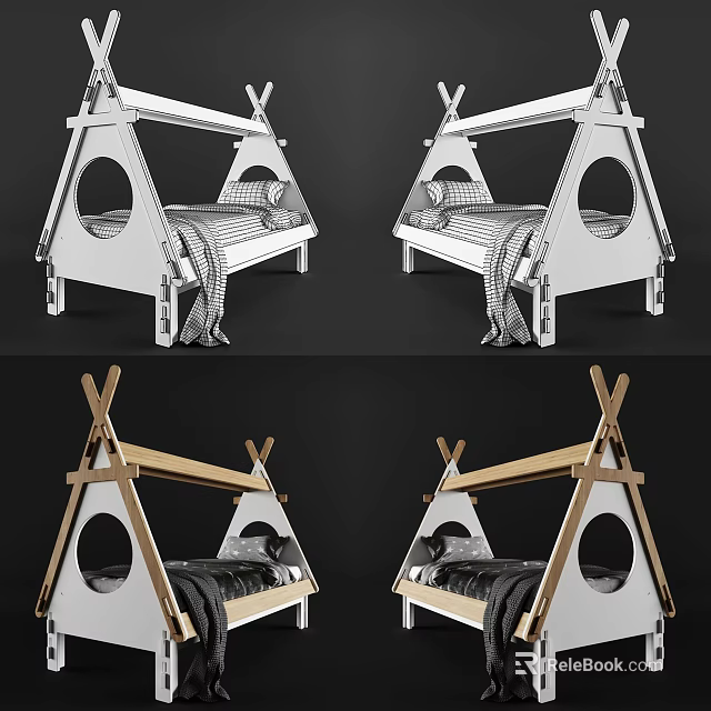 Stylish Teepee Style Single Bed With White Wooden Frame Round Cutout And Soft Mattress 3d model 