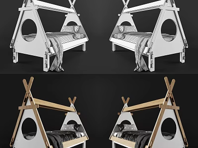 Stylish Teepee Style Single Bed With White Wooden Frame Round Cutout And Soft Mattress 3d model