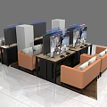 Modern Workspace Office Desks with Multiple Monitors and Orange Sofas in Stylish Setup 3d model