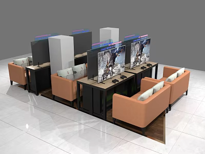 Modern Workspace Office Desks with Multiple Monitors and Orange Sofas in Stylish Setup 3d model