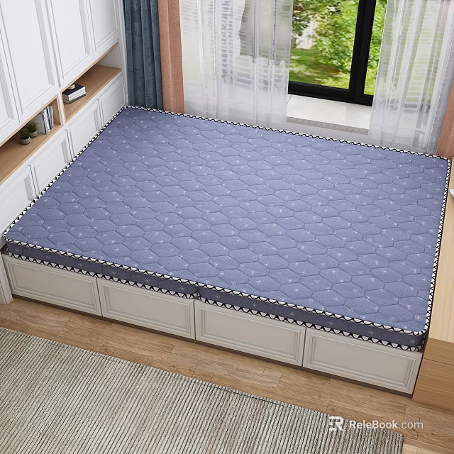Blue Diamond Pattern Mattress On White Drawer Storage Bed With Window View 3d model 