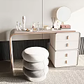 Modern Dressing Table With Metal Frame Drawers Round Mirror Cosmetics And Stool 3d model