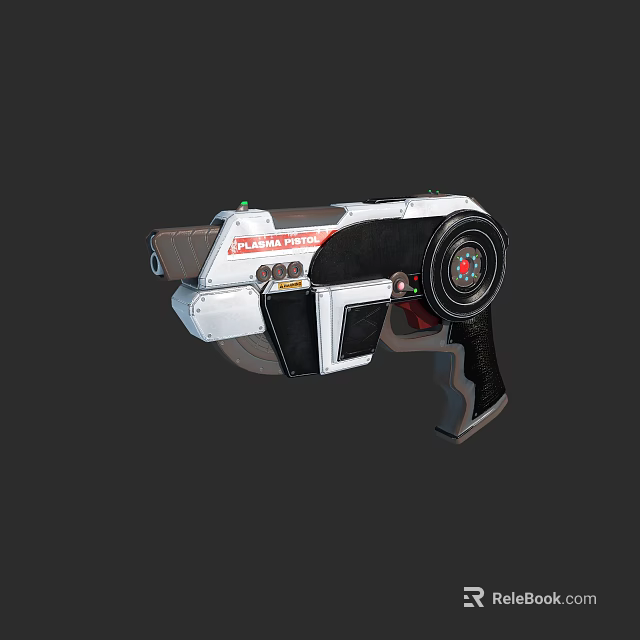 Futuristic Sci Fi Weapon White Black Handgun With Red Accents Green Light And Circular Component 3d model 