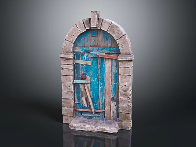 Antique Stone Archway With Weathered Blue Wooden Door And Frame 3d model