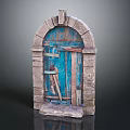 Antique Stone Archway With Weathered Blue Wooden Door And Frame