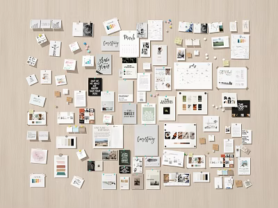 Creative Collage Wall With Various Cards Photos Design Elements And Typography Samples On Light Wall 3d model