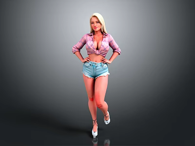 Blonde Woman In Pink Shirt And Blue Denim Shorts With White High Heels Standing 3d model
