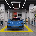 Red Sports Car In Auto Repair Shop With Tire Racks Tool Cabinets And Equipment