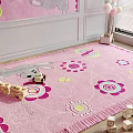 Pink Square Carpet With Cartoon Rabbit Flower Patterns Fringed Edges In Kids Room Wooden Blocks