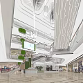 Shopping Mall Interior With Multiple Floors Hanging Lights Digital Screens Green Plant Walls And Pedestrians