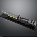 Silver Weapon Knife With Yellow Striped Spiral Handle On Black Display Stand And Dark Reflective Surface
