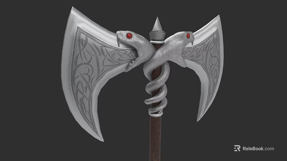 Double Bladed Axe Weapon With Snake Heads Red Eyes Intricate Patterns And Wooden Handle 3d model 