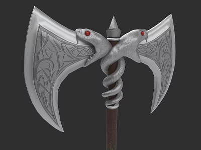Double Bladed Axe Weapon With Snake Heads Red Eyes Intricate Patterns And Wooden Handle 3d model